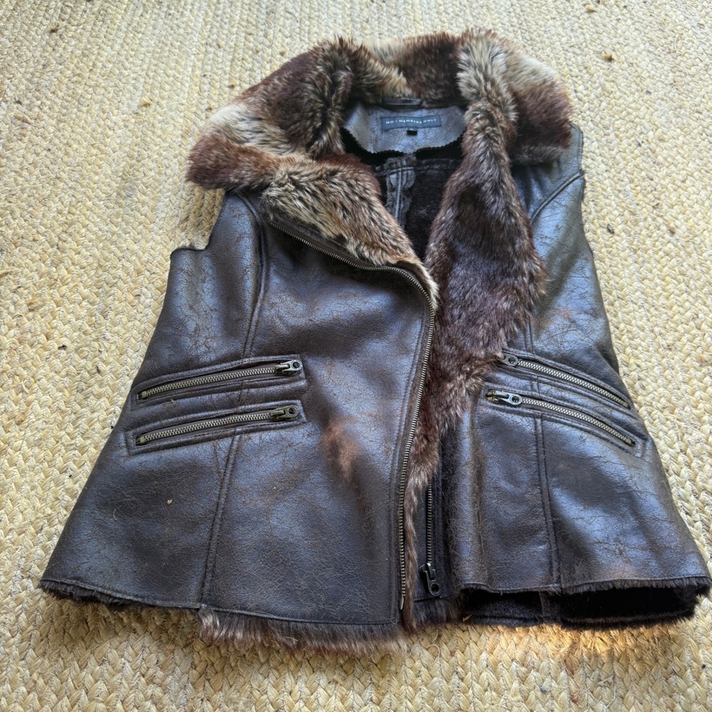 Members Only Womens XL Distressed Brown Faux Leather Faux Fur Trim Moto Vest